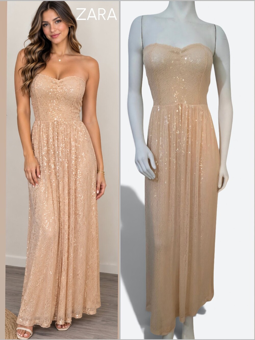 ZARA Strapless Sequin Maxi Dress in Champagne Size M NWOT